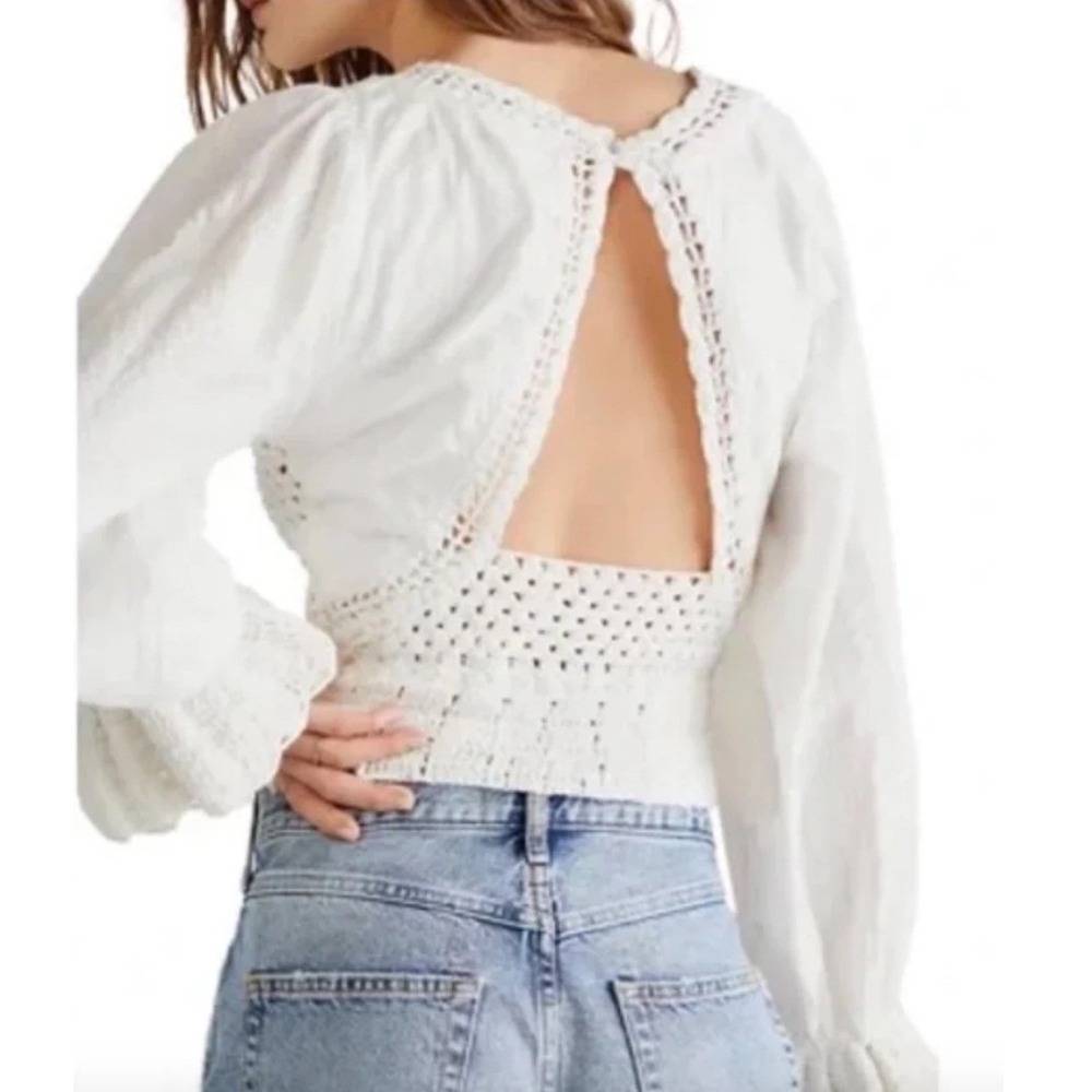 Free People Megan Crochet Knit Top Ivory Long Sleeve Peplum Blouse White Size S - Picture 2 of 14